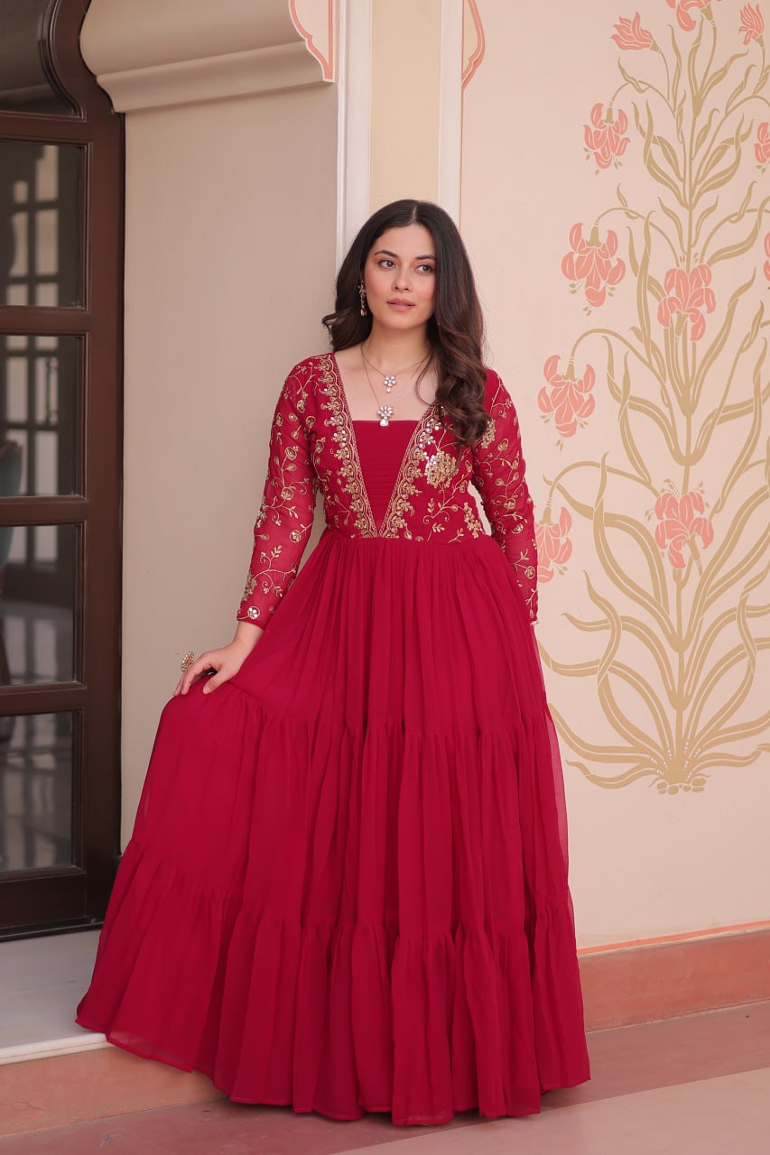 Rani Pink Color Sequence Work V Neck Designer Gown