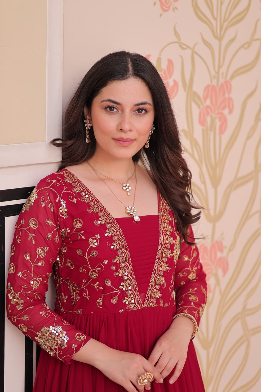 Rani Pink Color Sequence Work V Neck Designer Gown