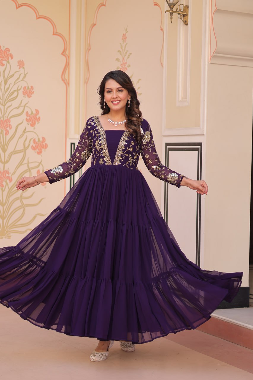 Purple Color Sequence Work V Neck Designer Gown