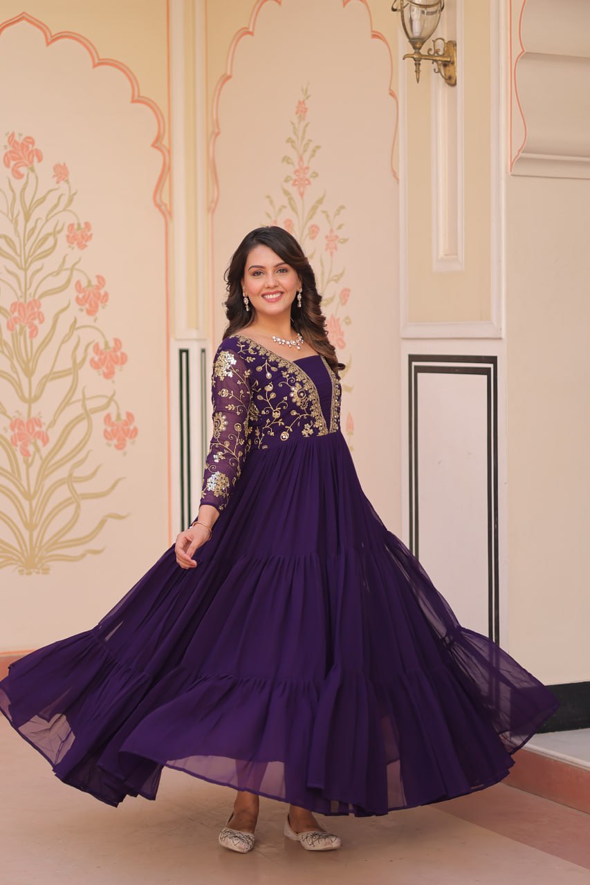 Purple Color Sequence Work V Neck Designer Gown