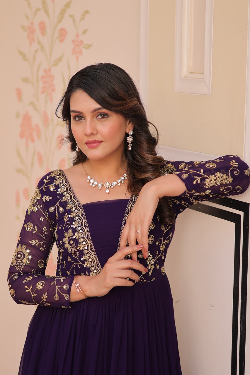 Purple Color Sequence Work V Neck Designer Gown