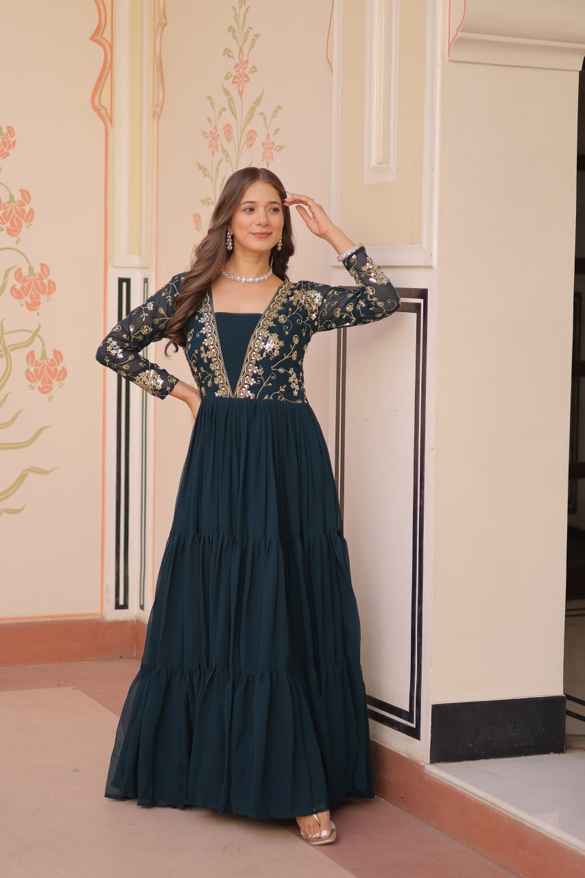Rama Color Sequence Work V Neck Designer Gown