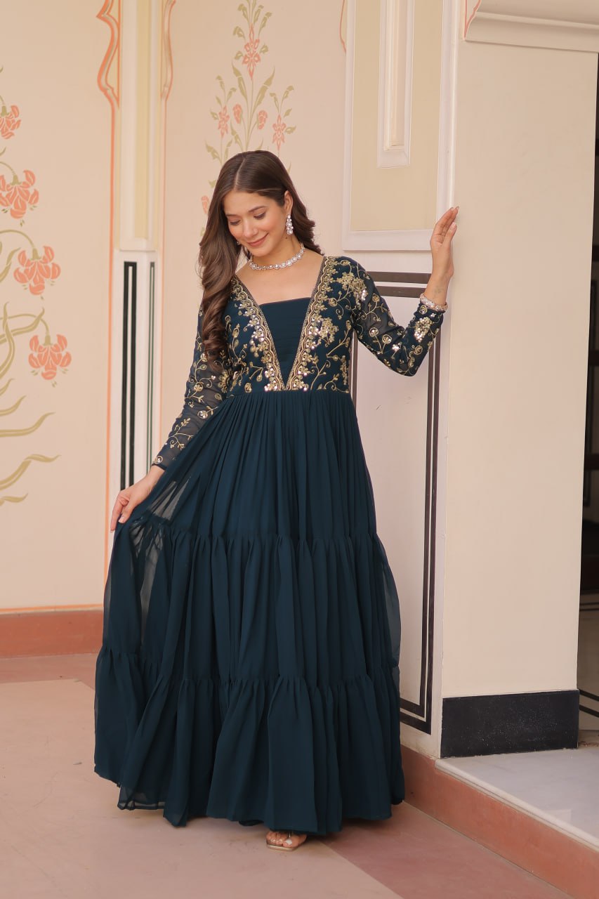 Rama Color Sequence Work V Neck Designer Gown