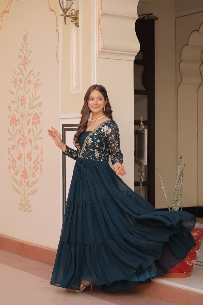 Rama Color Sequence Work V Neck Designer Gown