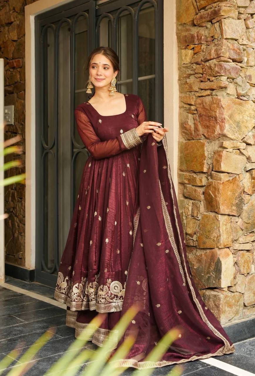 Trendy Maroon Silk Sequence Work Gown With Sharara