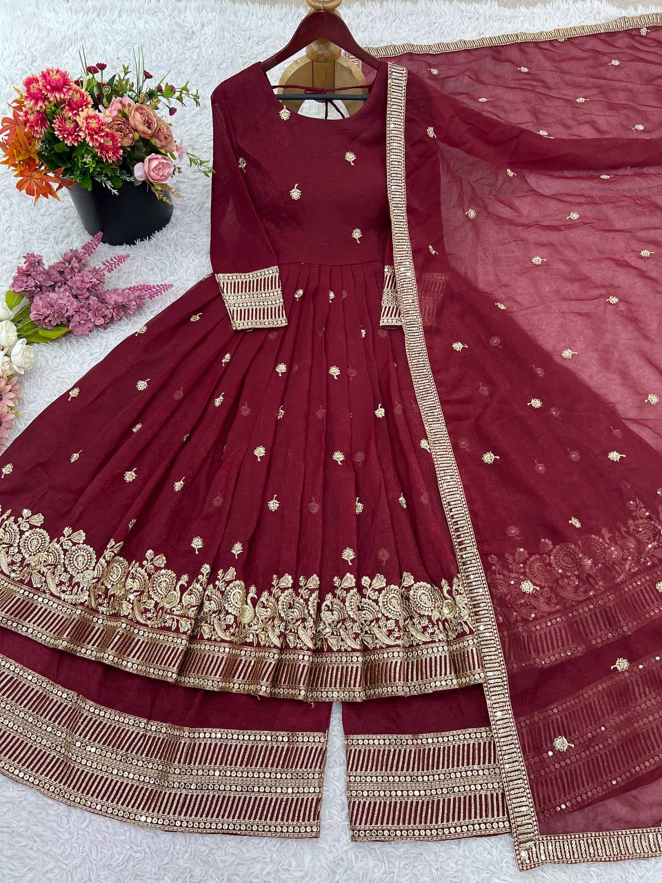 Trendy Maroon Silk Sequence Work Gown With Sharara