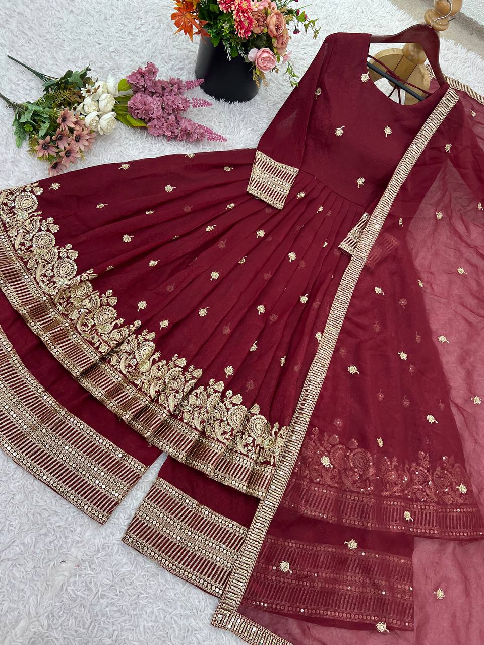 Trendy Maroon Silk Sequence Work Gown With Sharara