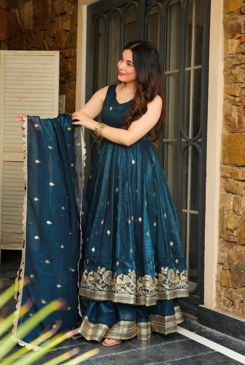 Trendy Maroon Silk Sequence Work Gown With Sharara