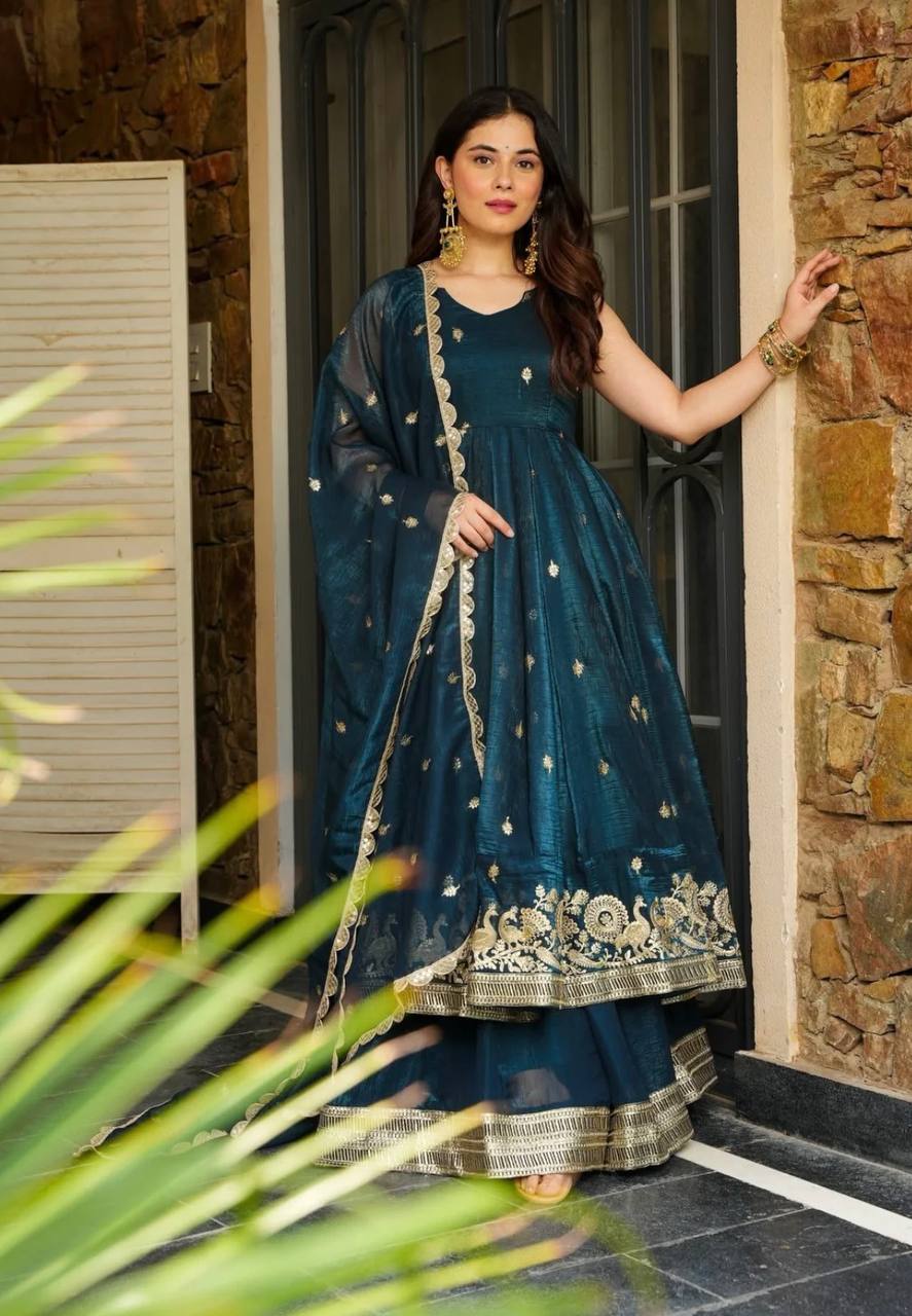 Trendy Maroon Silk Sequence Work Gown With Sharara