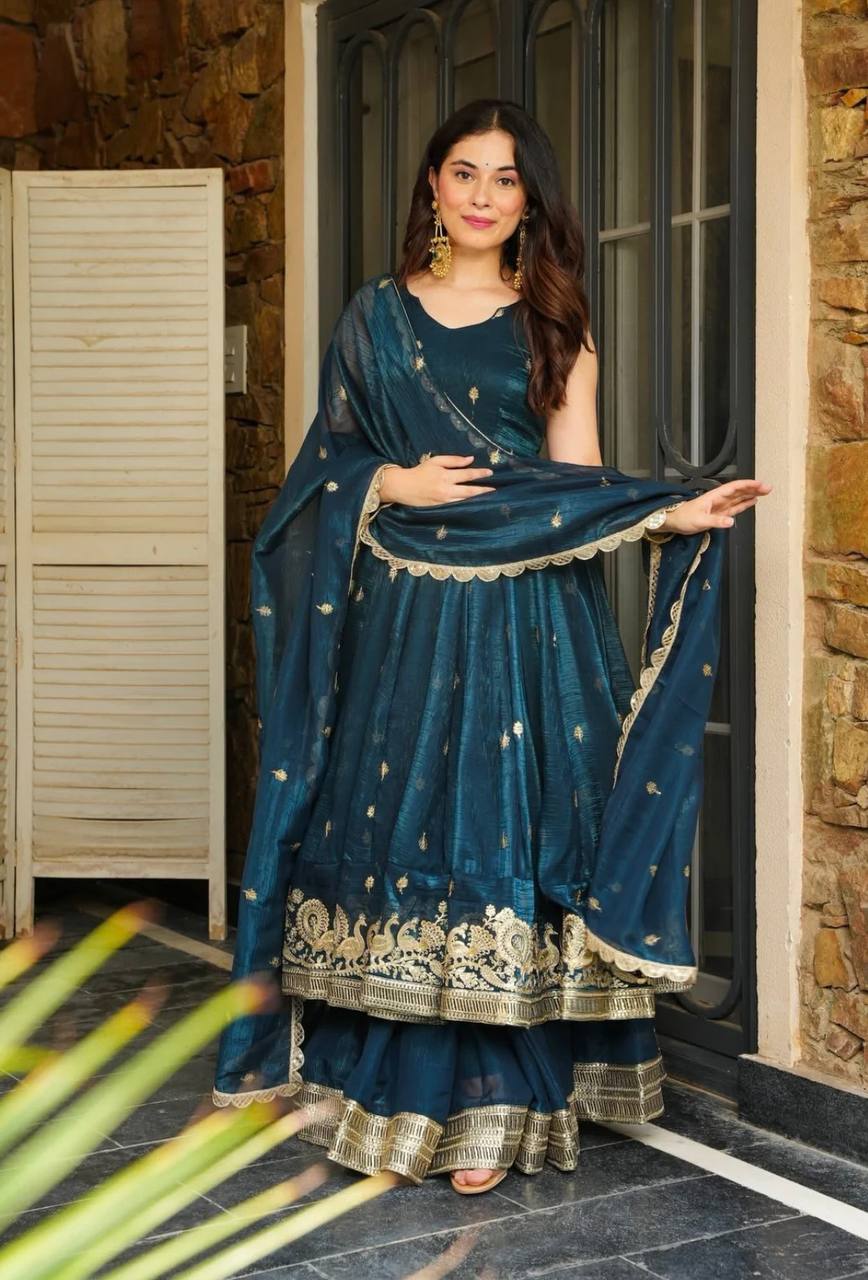 Trendy Maroon Silk Sequence Work Gown With Sharara