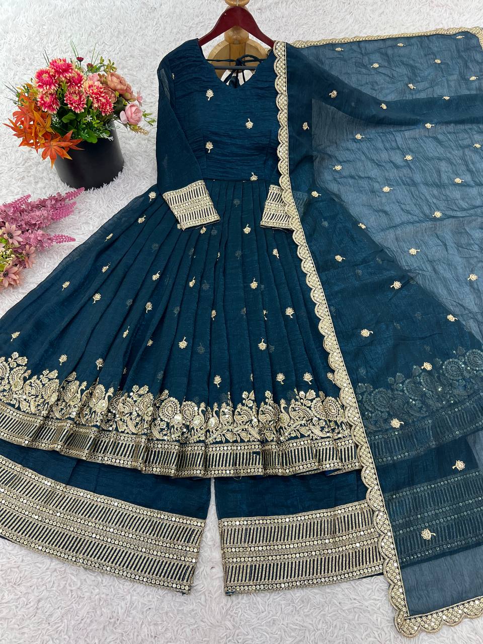 Trendy Maroon Silk Sequence Work Gown With Sharara