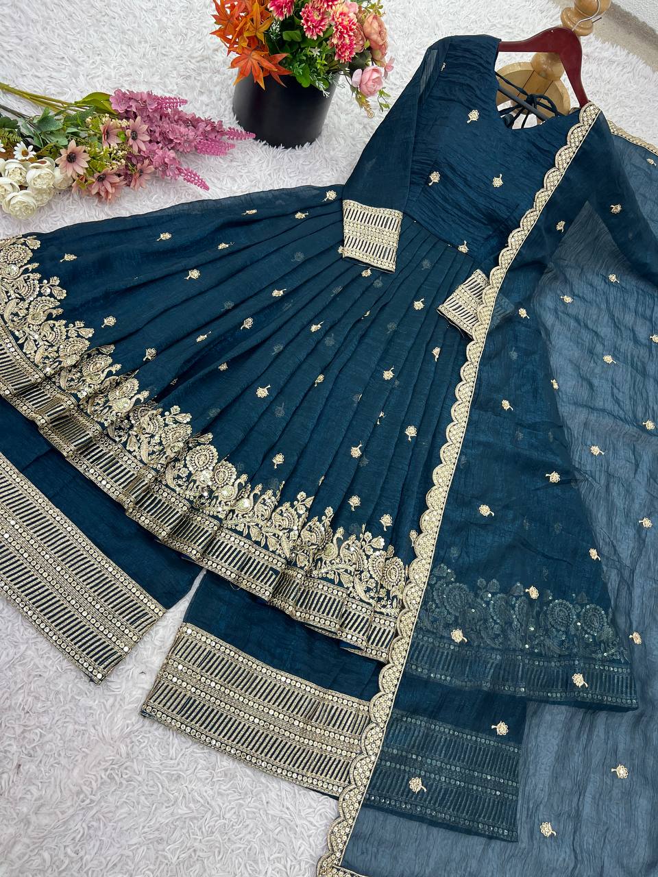 Trendy Maroon Silk Sequence Work Gown With Sharara