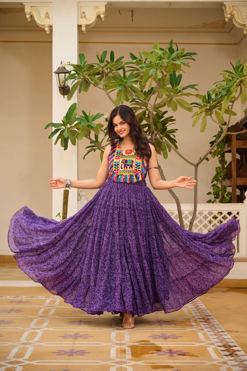 Bandhani Print Purple Color Navratri Festival Gown