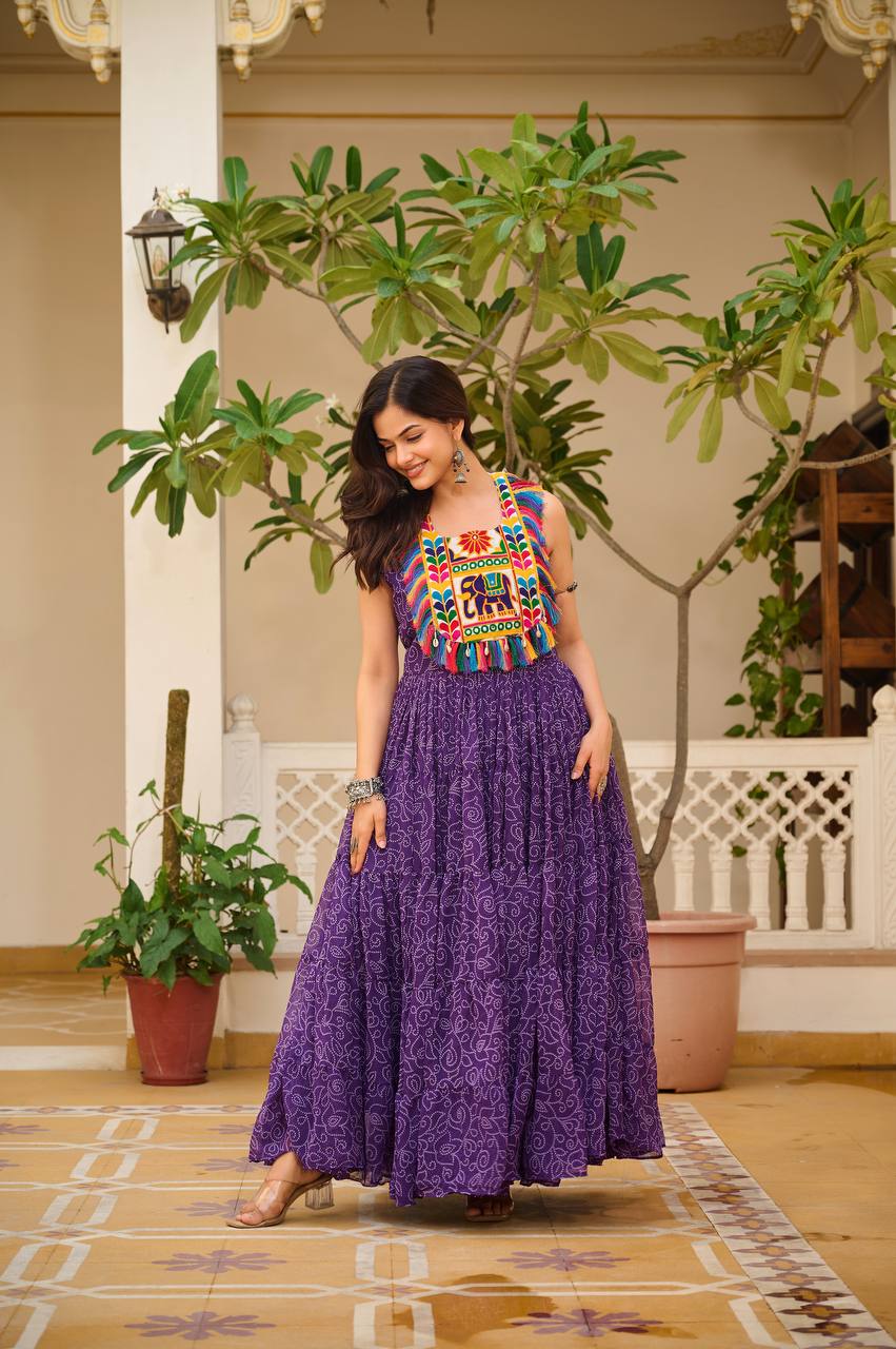 Bandhani Print Purple Color Navratri Festival Gown