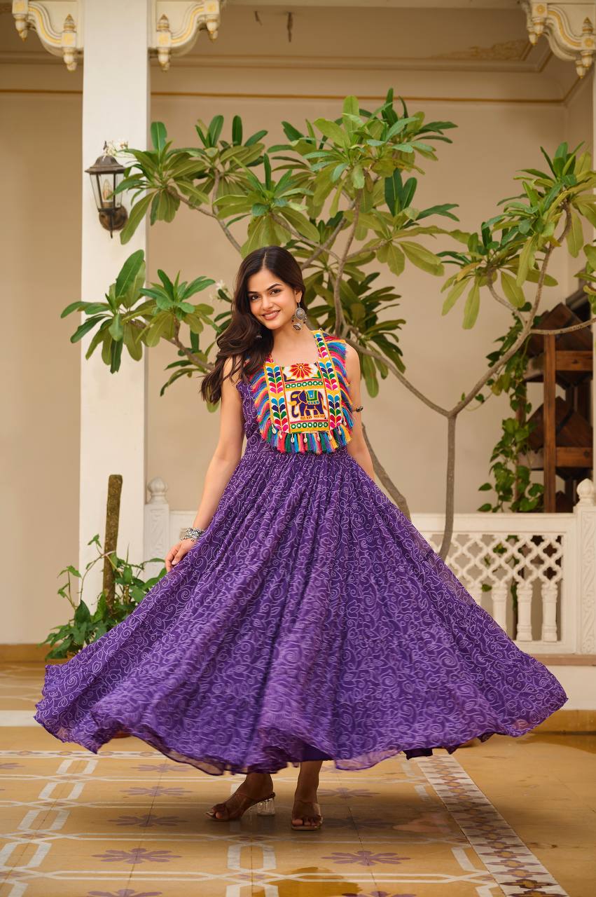Bandhani Print Purple Color Navratri Festival Gown