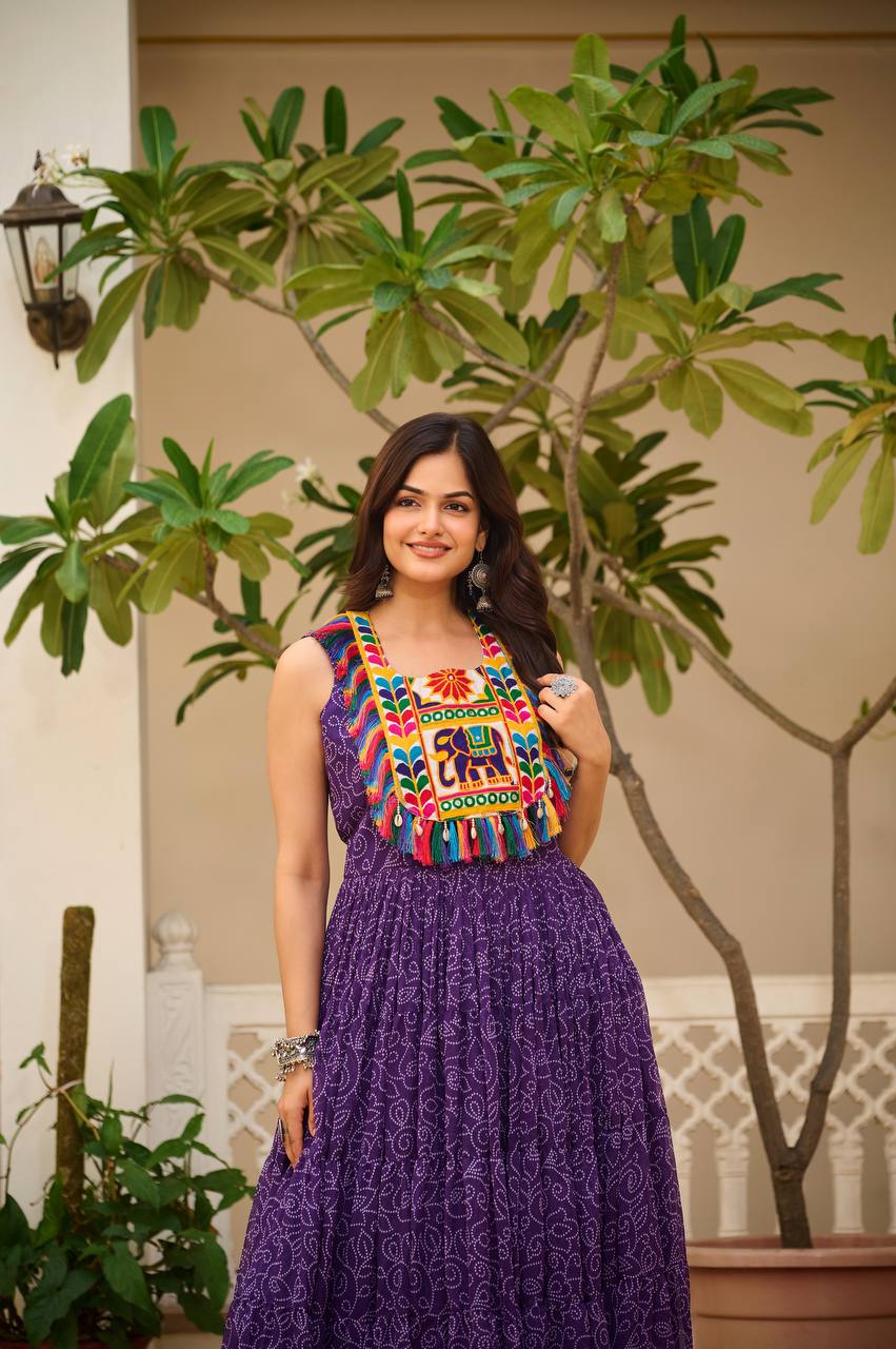 Bandhani Print Purple Color Navratri Festival Gown