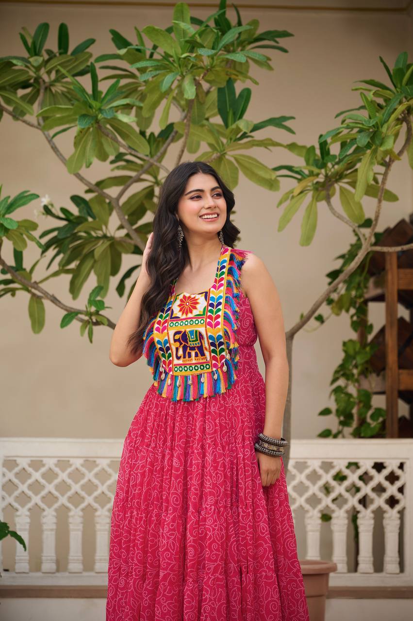 Bandhani Print Pink Color Navratri Festival Gown