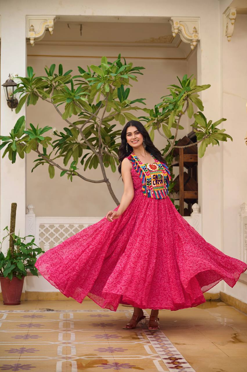 Bandhani Print Pink Color Navratri Festival Gown