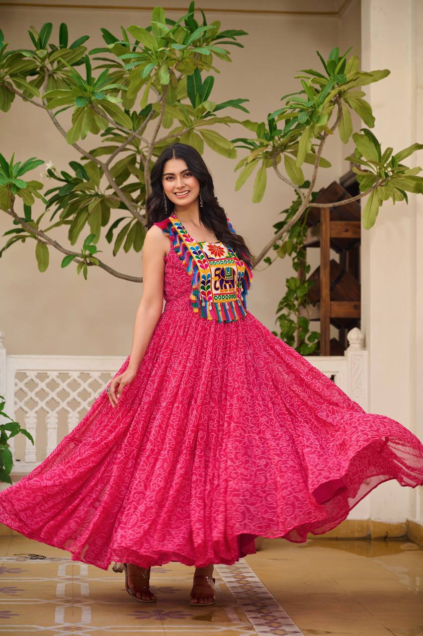 Bandhani Print Pink Color Navratri Festival Gown
