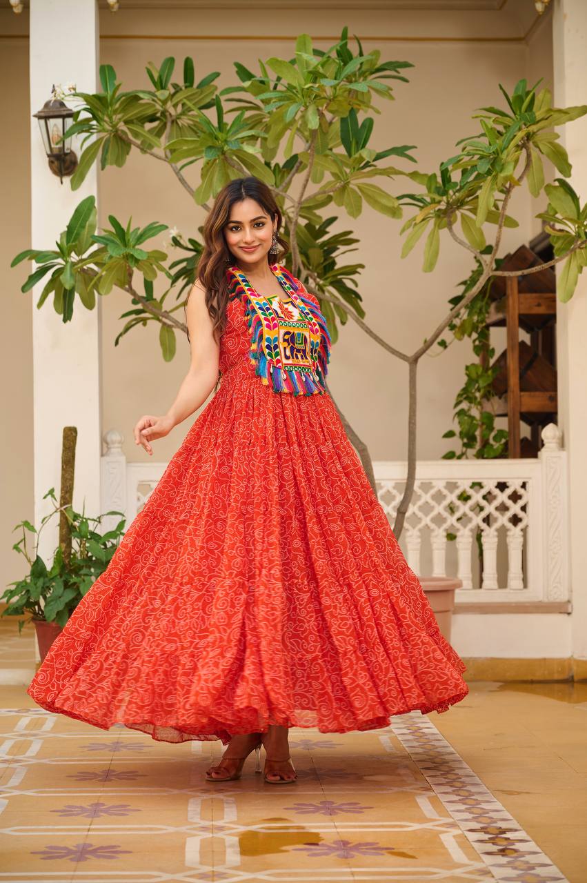 Bandhani Print Orange Color Navratri Festival Gown