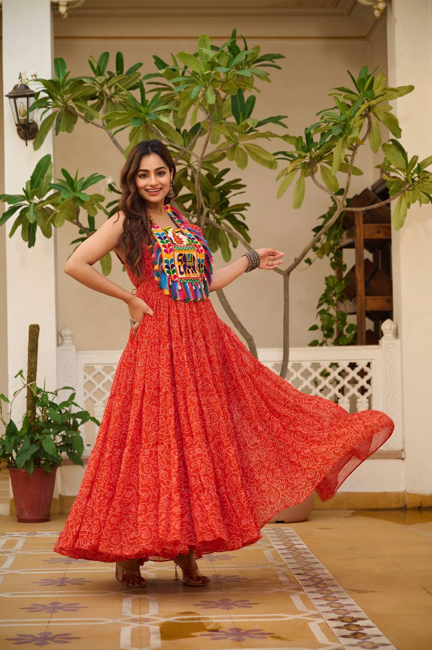 Bandhani Print Orange Color Navratri Festival Gown