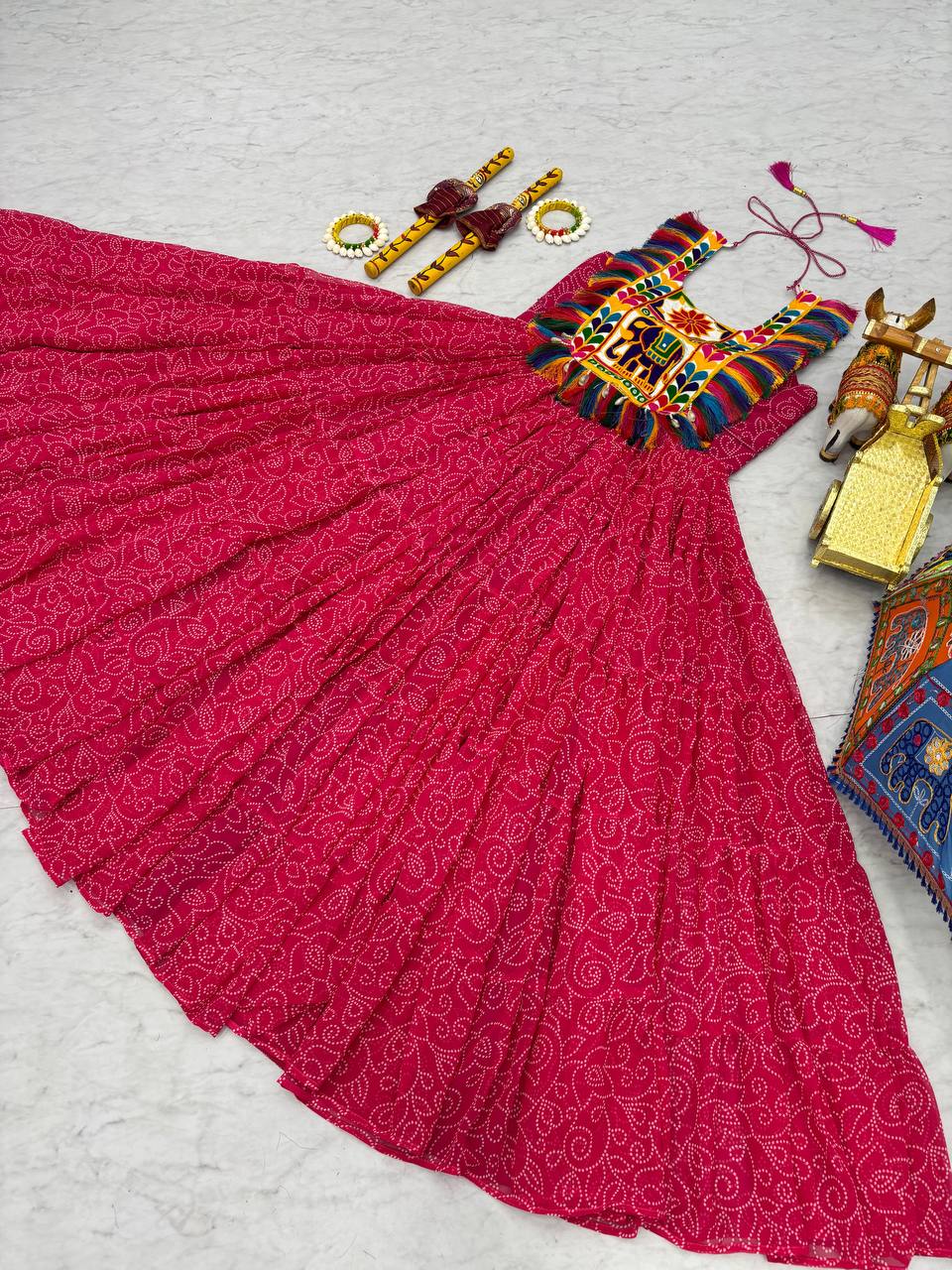 Bandhani Print Pink Color Navratri Festival Gown