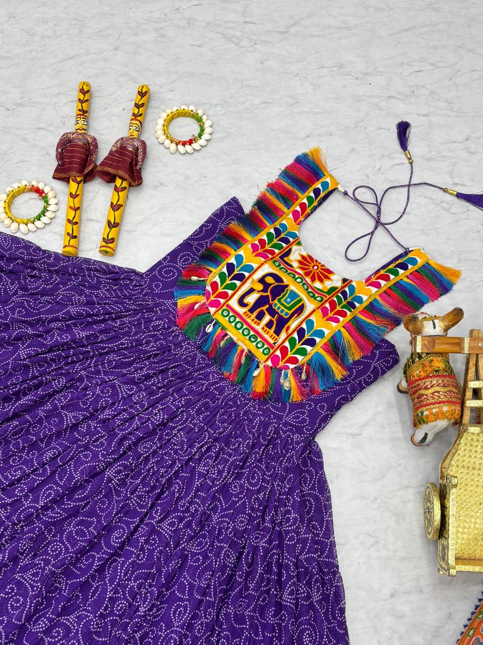 Bandhani Print Purple Color Navratri Festival Gown