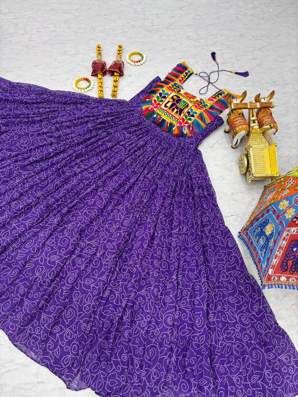 Bandhani Print Purple Color Navratri Festival Gown
