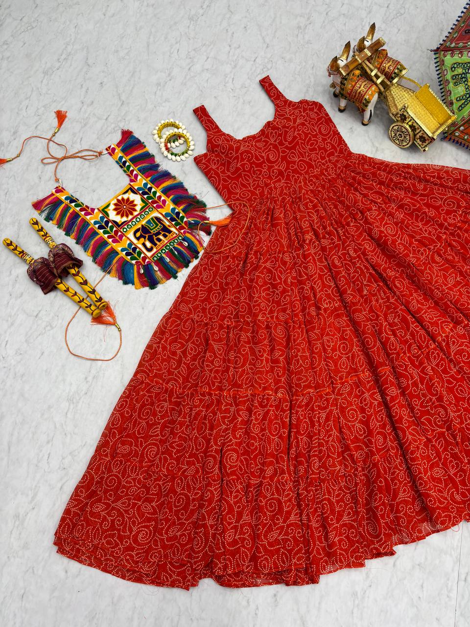 Bandhani Print Orange Color Navratri Festival Gown