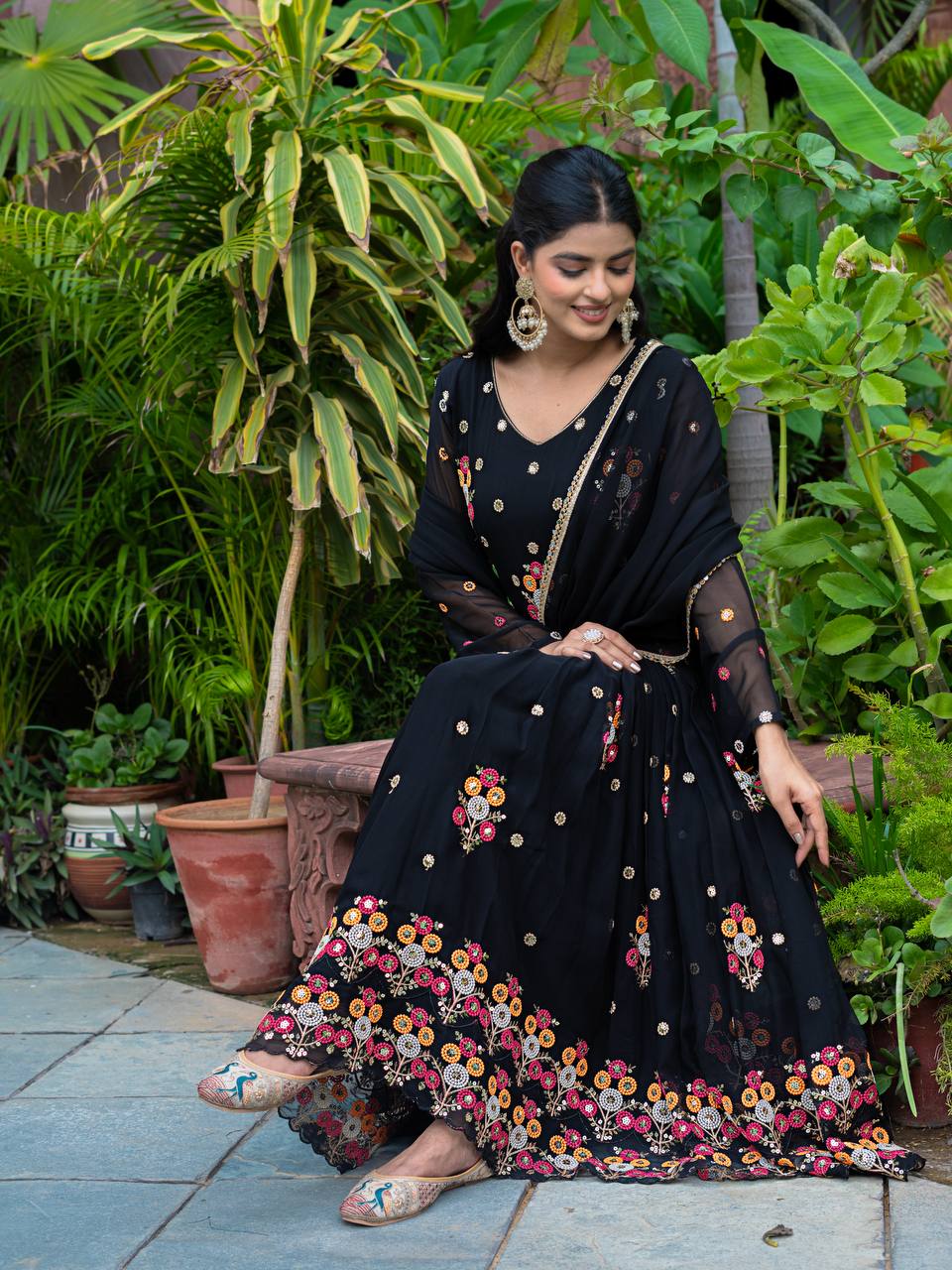 Thread Embroidery Work Flattering Black Color Gown