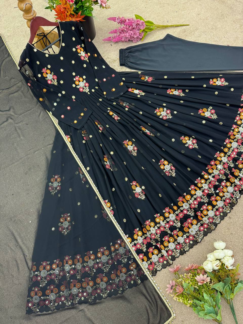 Thread Embroidery Work Flattering Black Color Gown