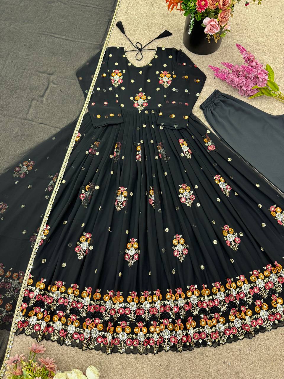 Thread Embroidery Work Flattering Black Color Gown