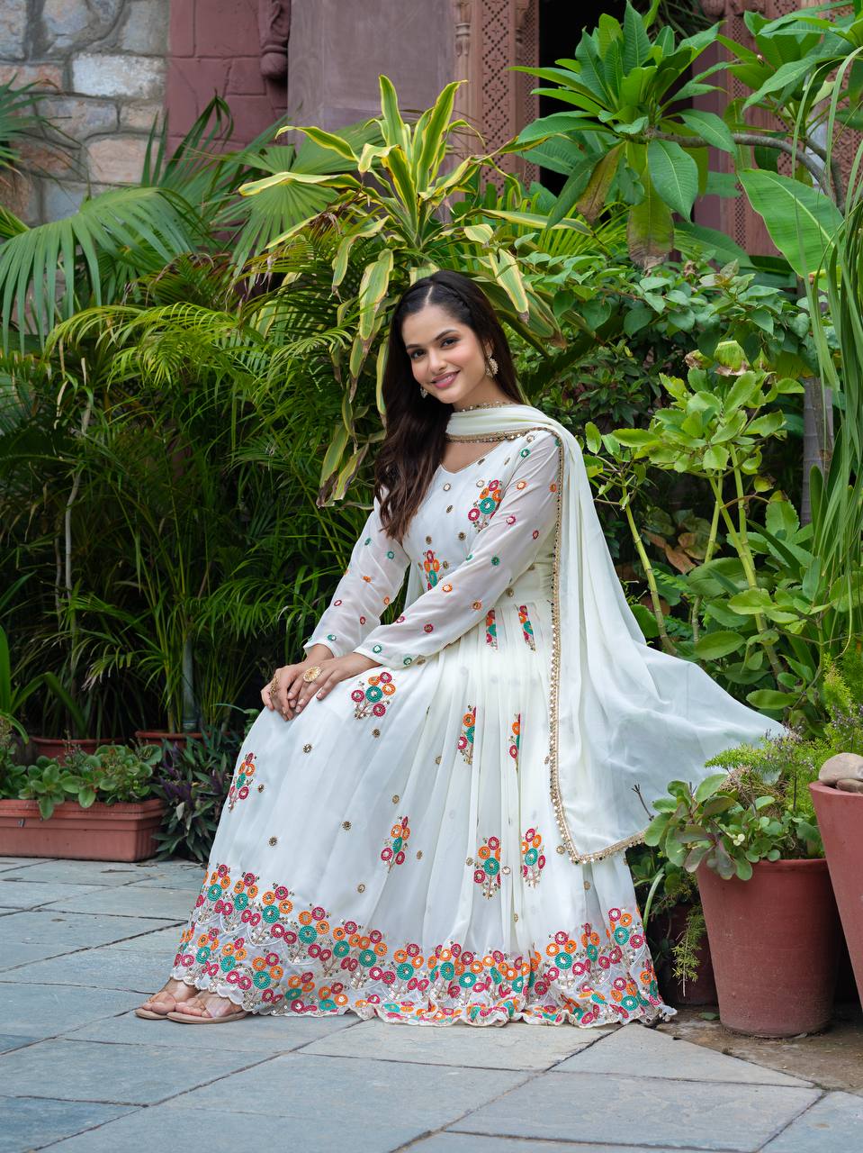 Thread Embroidery Work Flattering White Color Gown