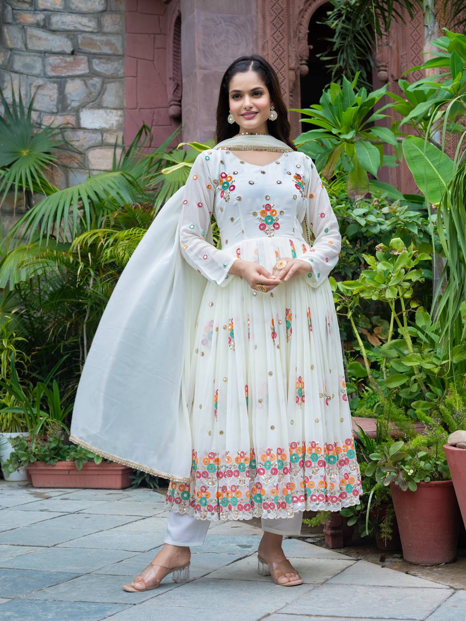 Thread Embroidery Work Flattering White Color Gown