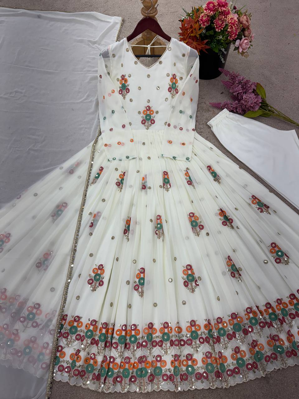 Thread Embroidery Work Flattering White Color Gown
