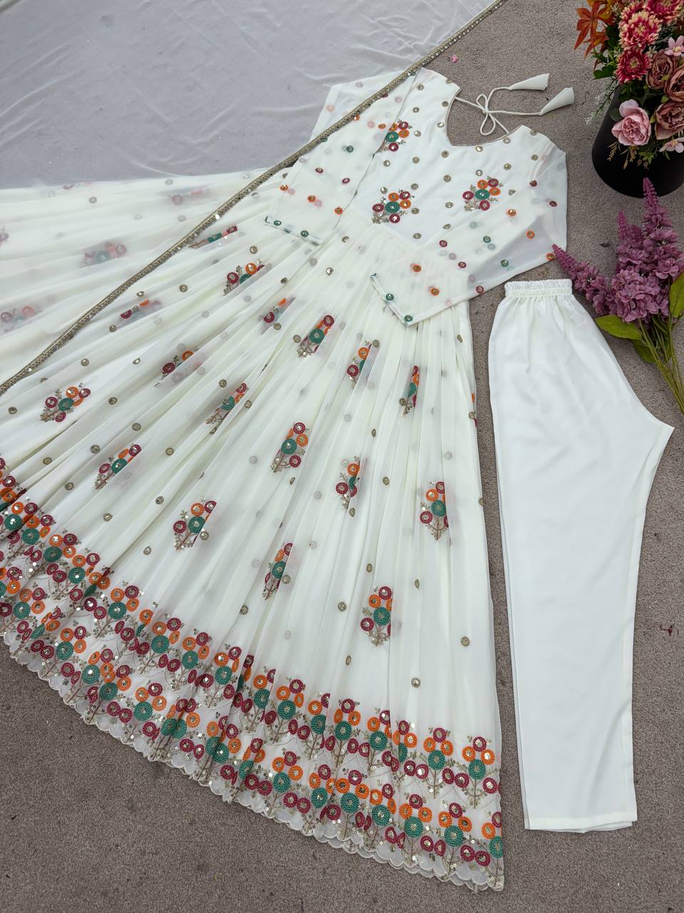 Thread Embroidery Work Flattering White Color Gown