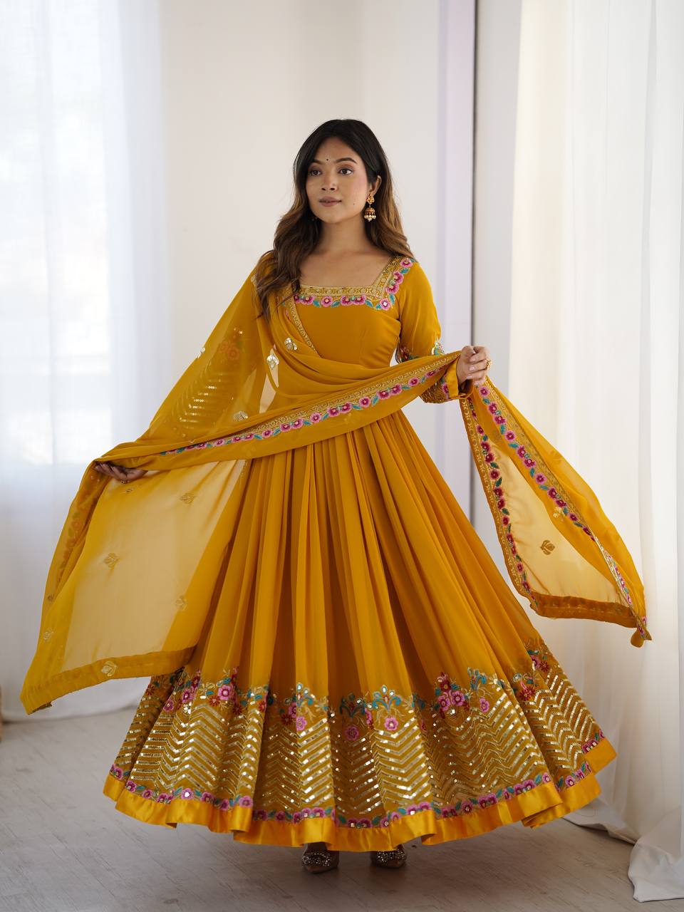 Multi Thread Work Mustard Color Luxuriant Gown