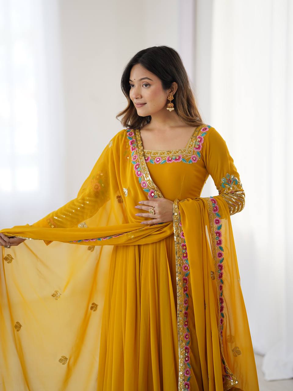 Multi Thread Work Mustard Color Luxuriant Gown