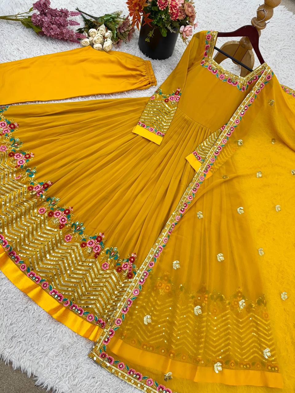 Multi Thread Work Mustard Color Luxuriant Gown