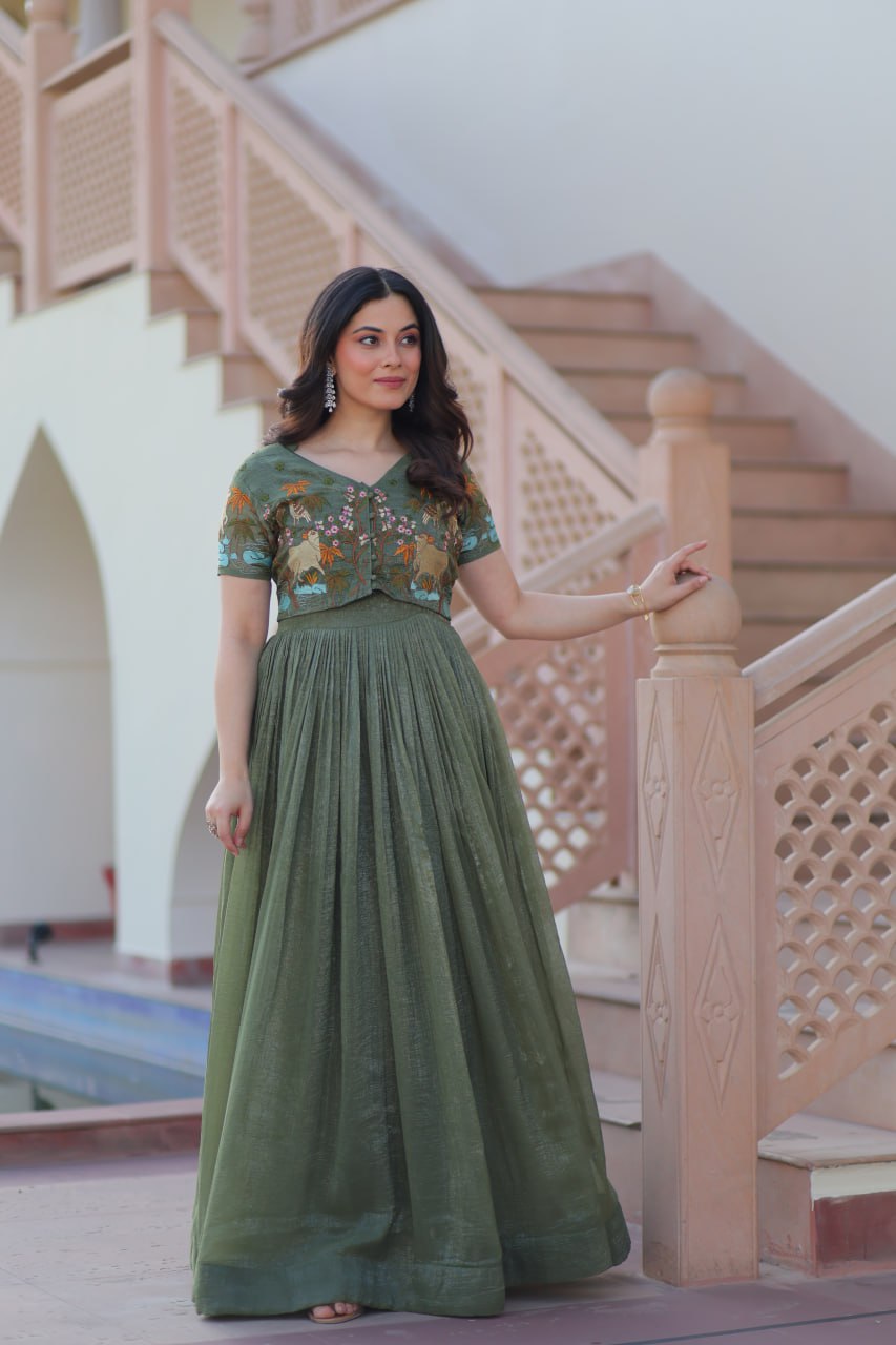 Green Color Embroidery Work Ravishing Koti With Gown