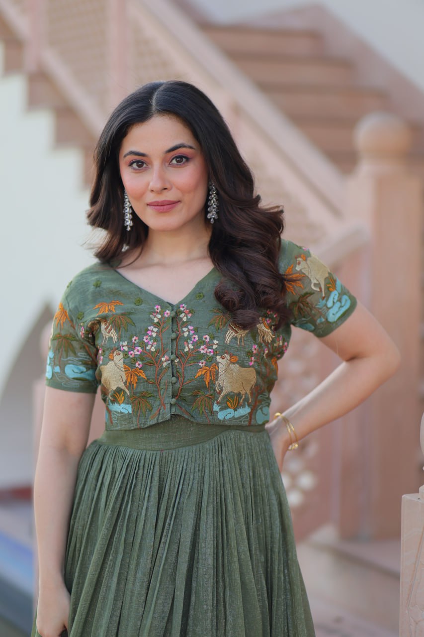 Green Color Embroidery Work Ravishing Koti With Gown
