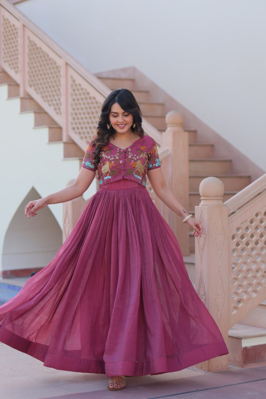 Wine Color Embroidery Work Ravishing Koti With Gown
