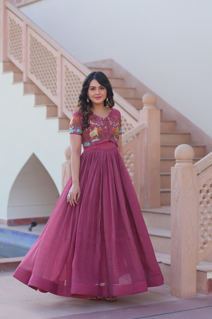 Wine Color Embroidery Work Ravishing Koti With Gown