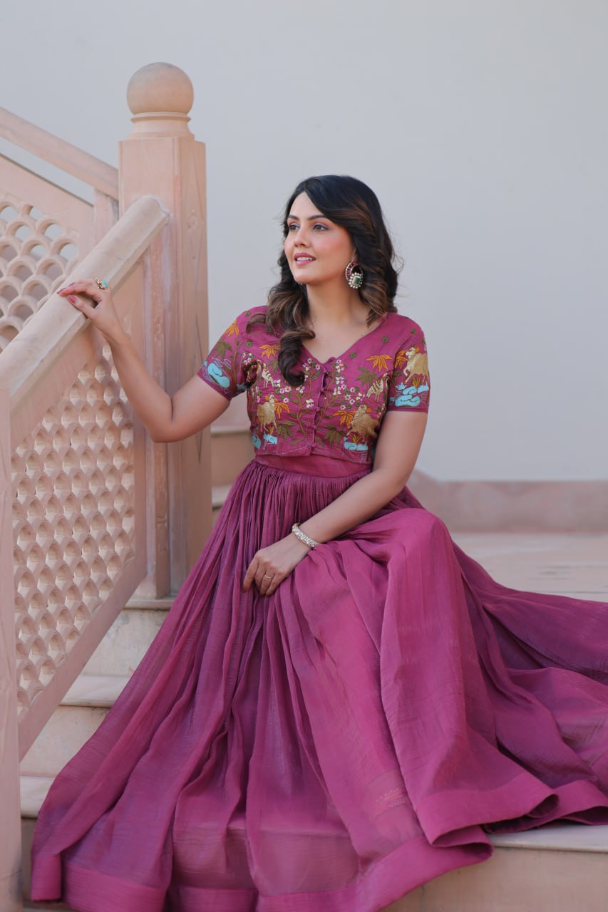 Wine Color Embroidery Work Ravishing Koti With Gown