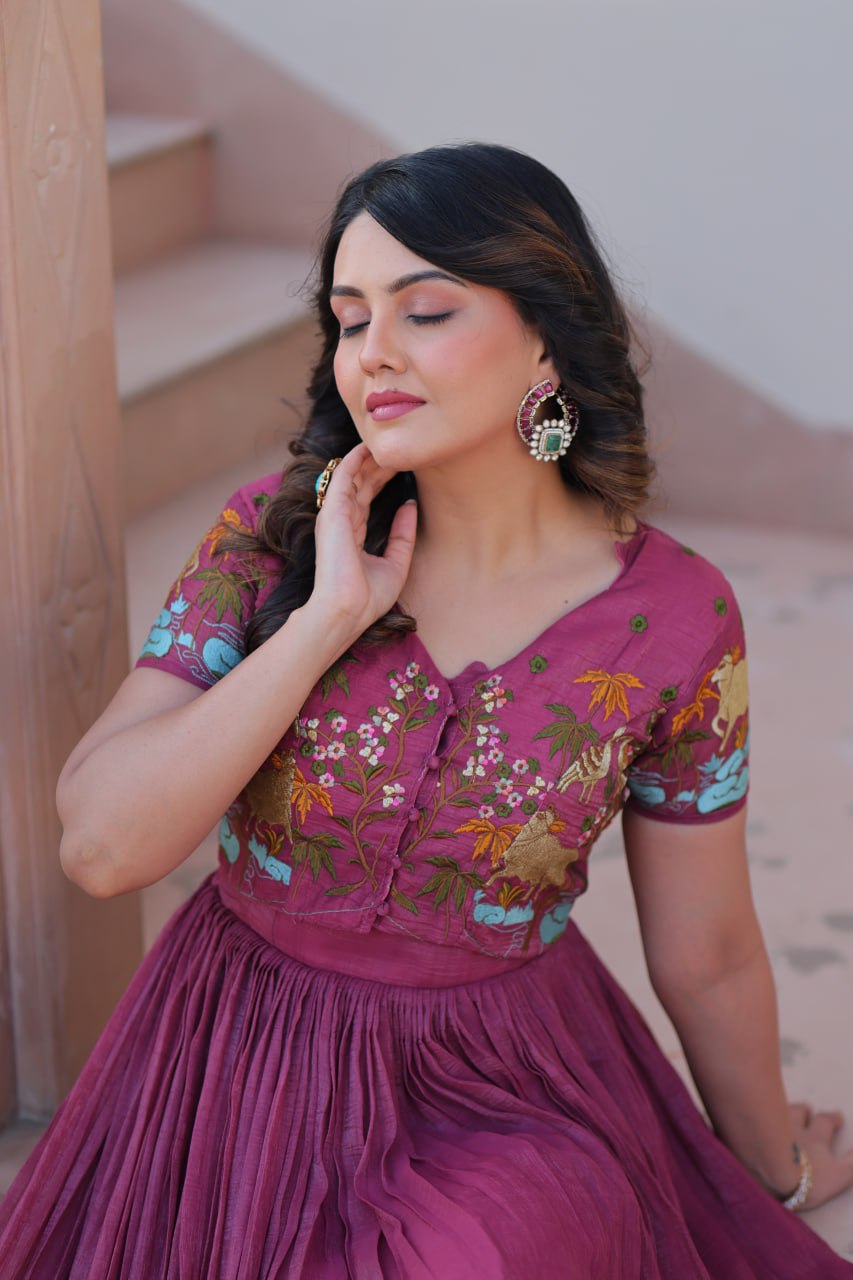 Wine Color Embroidery Work Ravishing Koti With Gown