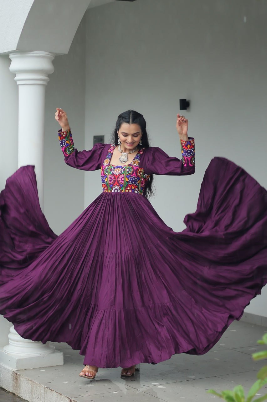 Wine Color Gamthi Work Flared Gown For Navratri