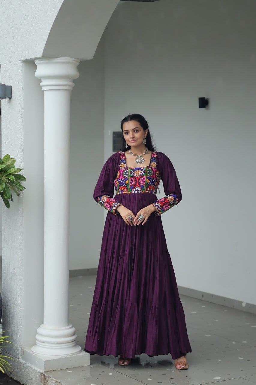 Wine Color Gamthi Work Flared Gown For Navratri