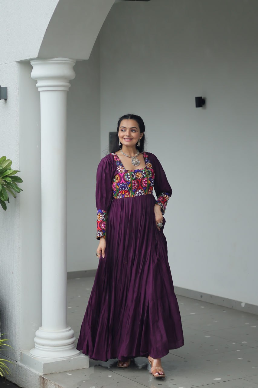 Wine Color Gamthi Work Flared Gown For Navratri