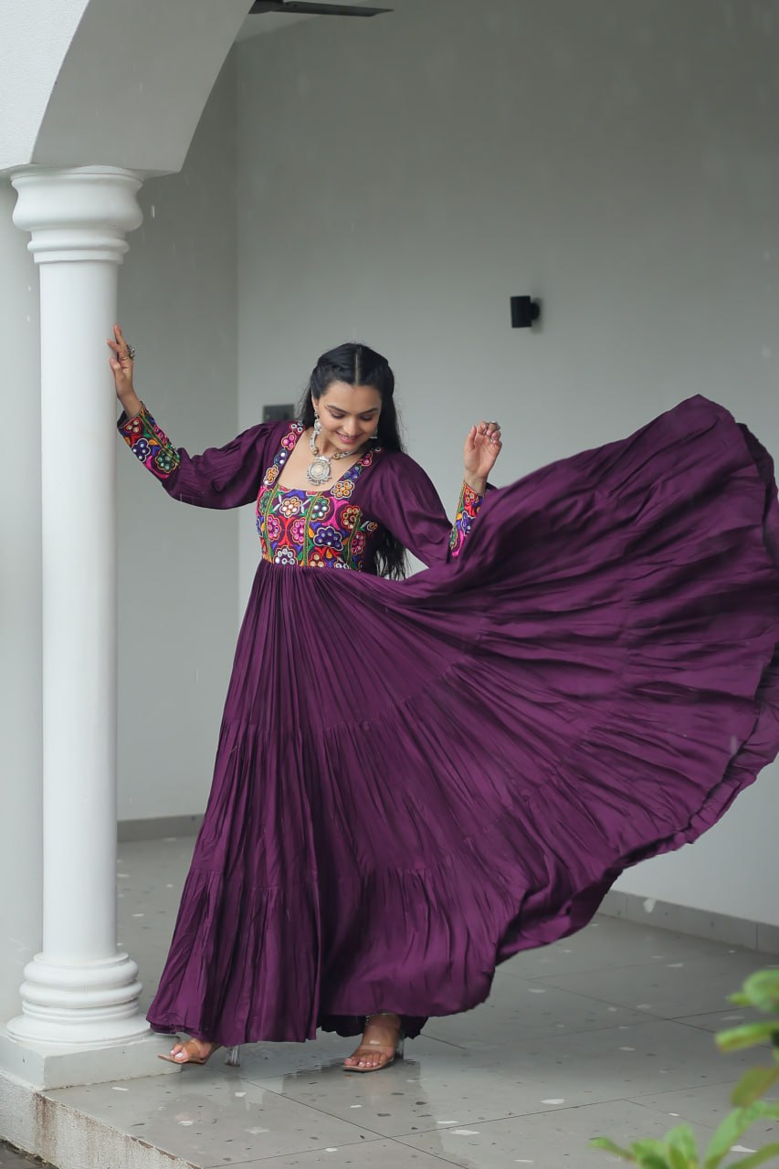 Wine Color Gamthi Work Flared Gown For Navratri
