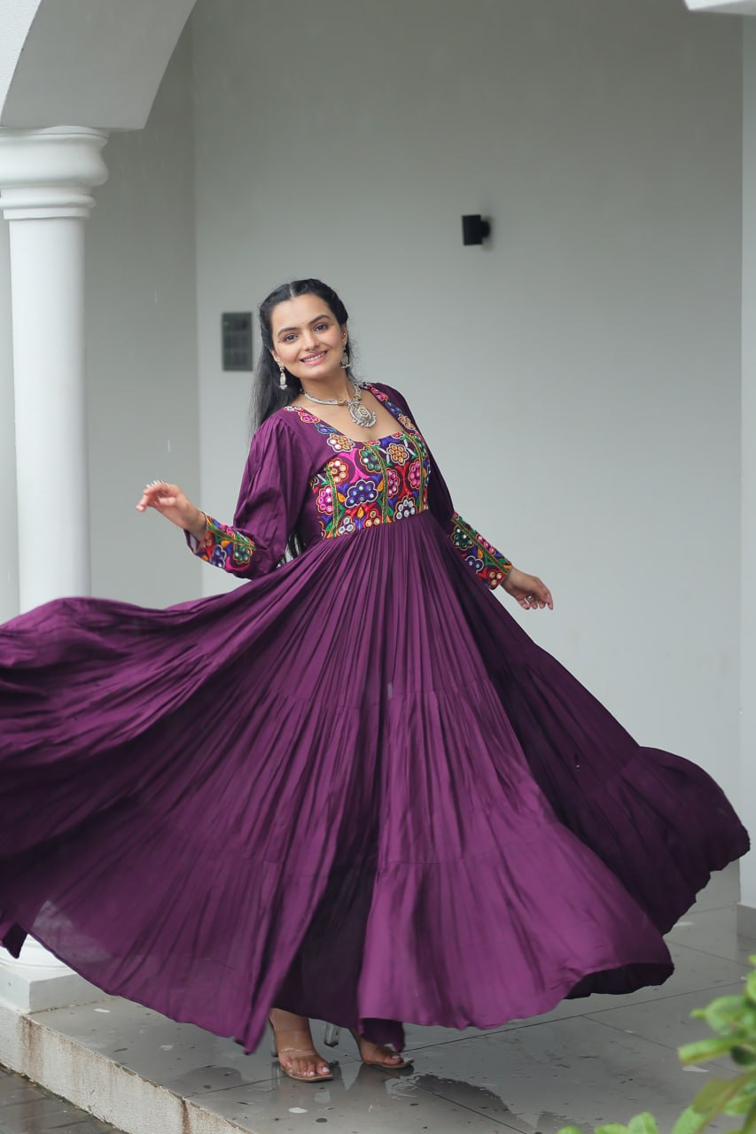 Wine Color Gamthi Work Flared Gown For Navratri
